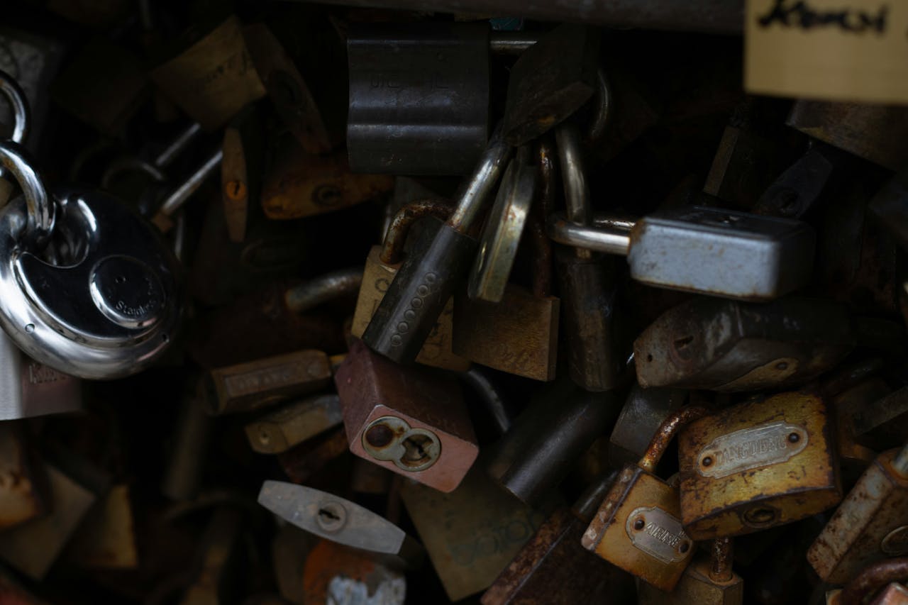 about-us Image showing a pile of rustic and shiny padlocks, symbolizing security.